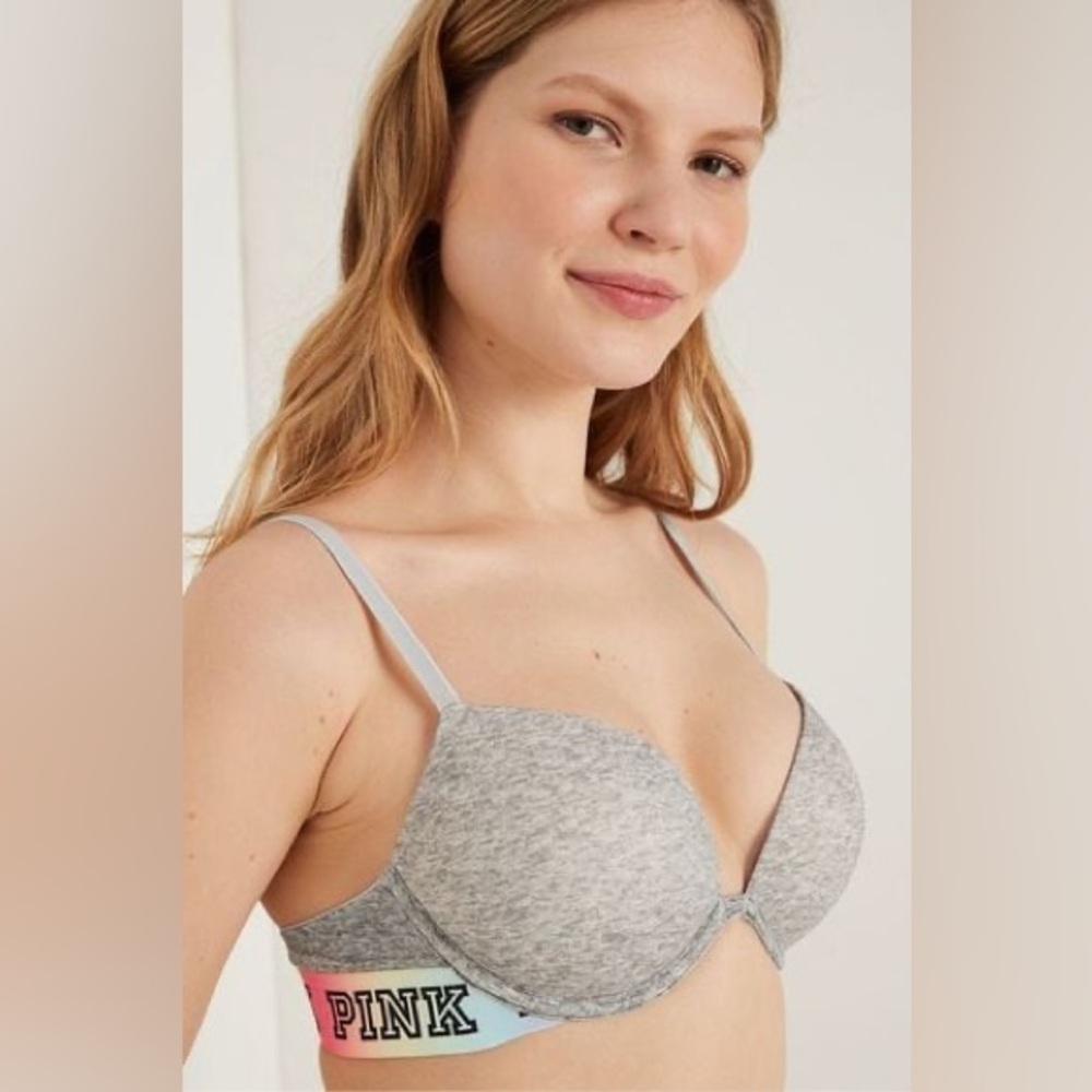 Victoria's Secret PINK Wear Everywhere Super Push Up Grey with Rainbow Band 38C
